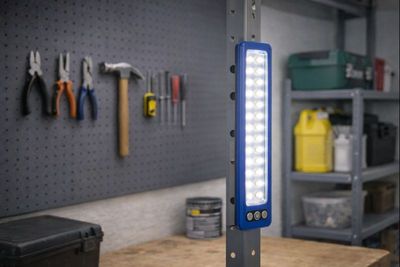 une lampe bleue fixée à un poteau dans un garage