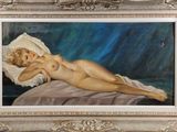 an image of a painting of a nude woman laying on a bed