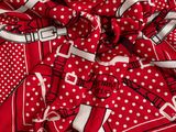 un gros plan sur une écharpe rouge et blanche à pois blancs