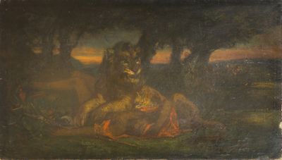 a painting of a lion and a lioness in a wooded setting