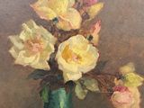 a painting of flowers in a green vase on a table
