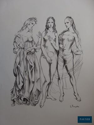 un dessin représentant trois femmes en robe, debout les unes à côté des autres