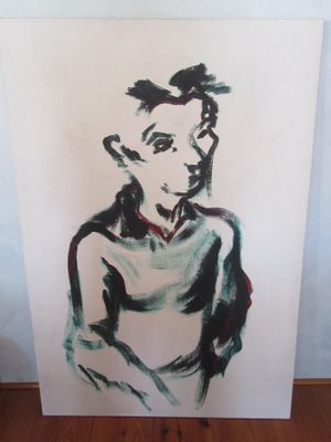tableau représentant un homme en chemise verte, assis sur un plancher en bois