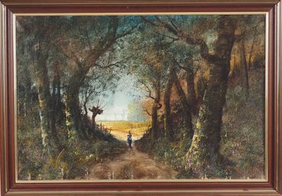 un tableau représentant un homme marchant sur un chemin de terre dans les bois