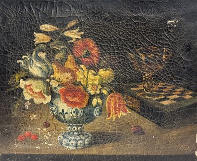 a painting of flowers in a vase on a table