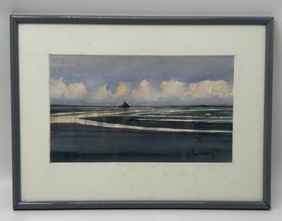 aquarelle encadrée représentant une scène de plage avec un phare au loin