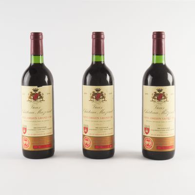trois bouteilles de vin rouge posées l'une à côté de l'autre sur une surface blanche