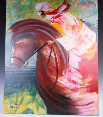painting of a woman riding a horse in a colorful dress