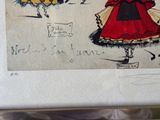 a drawing of a woman in a red dress and a man in a black suit