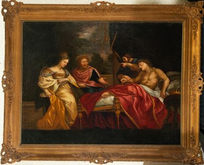 an image of a painting of a man and two women in a bed