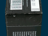 a black box with a label on it on a blue background