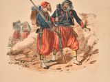 an old print of two men dressed in red and blue uniforms