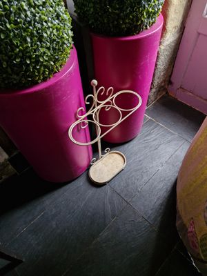deux jardinières posées par terre à côté d'une porte rose