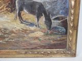 a painting of a donkey eating grass in a field