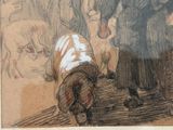 drawing of a man and a dog standing in front of a group of people