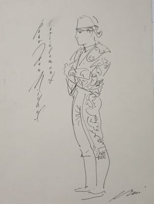 un dessin à l'encre représentant un homme en costume-cravate
