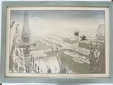 a picture of a picture of a bird flying over a city