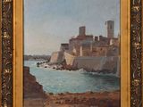 une peinture à l'huile représentant un château situé sur une falaise surplombant l'océan