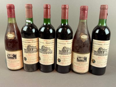 six bottles of wine are lined up on a table
