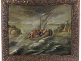 an oil painting of a boat with people in it on a body of water