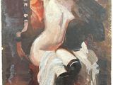 une peinture à l'huile représentant une femme nue assise sur une chaise