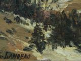 an oil painting of a mountain scene with trees in the foreground