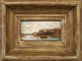 une peinture à l'huile représentant un paysage fluvial avec un château au loin