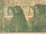 drawing of a group of women in a church with a priest