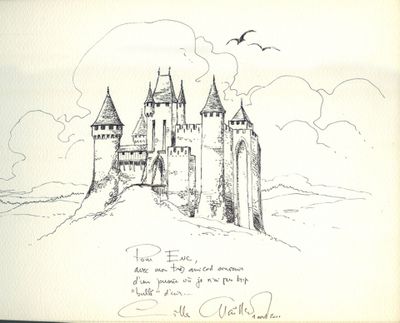 dessin représentant un château sur une colline, survolé par un oiseau