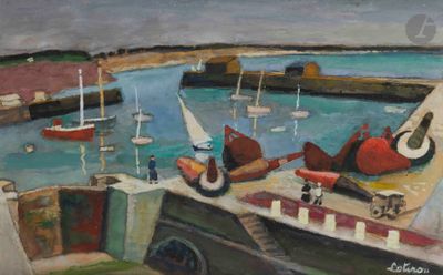 un tableau représentant des bateaux dans un port par temps nuageux