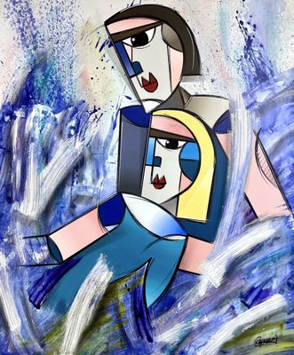 painting of a woman carrying a child on her back in the ocean