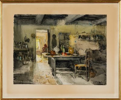 tableau représentant une cuisine avec une table et des chaises