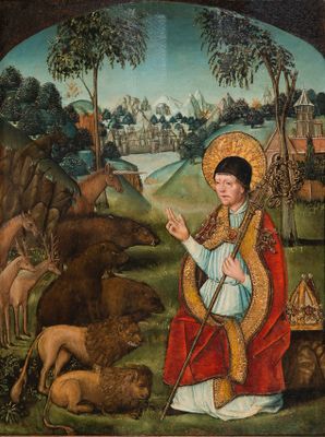 an image of a painting of a woman holding a staff in a field with animals
