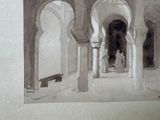 a drawing of a building with arches and a bench