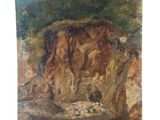 une peinture représentant une falaise rocheuse avec une grotte en arrière-plan