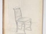 an old book with a drawing of a chair and a pair of shoes on the floor