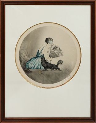 tableau représentant une femme avec un chien et un panier de fleurs