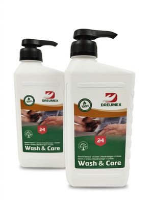 deux flacons de « Dremex Wash and Care » sur fond blanc