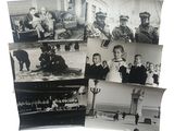 several black and white photos of a group of people on a beach