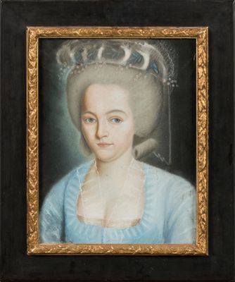 portrait of a lady in a blue dress with a crown on her head