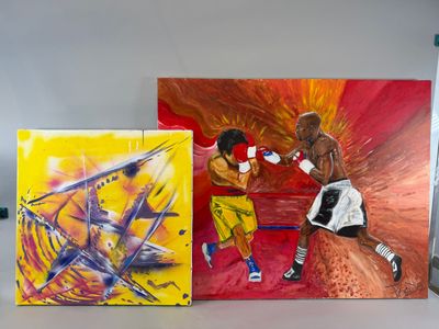 tableau représentant deux boxeurs s'affrontant sur un ring, sur fond rouge