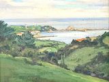 painting of a view of a town and a body of water from a hill