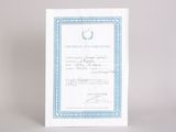 a white and blue certificate sitting on top of a white table
