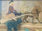 a painting of a boy and a dog pulling a cart with a lion on it