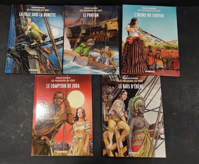 four books on a table with a picture of a woman on a ship