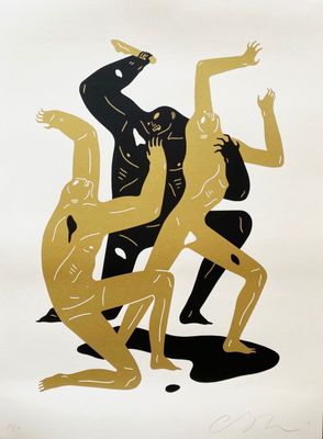 une image représentant une peinture en noir et or d'un groupe de personnes