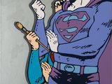 une image représentant un tableau sur lequel figure un homme vêtu d'un costume de Superman, tenant un pinceau