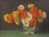 une peinture de fleurs dans un vase en verre sur une table