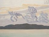 an oil painting of clouds over a body of water with mountains in the background