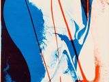 une image représentant une peinture abstraite aux couleurs rouge, bleue et blanche